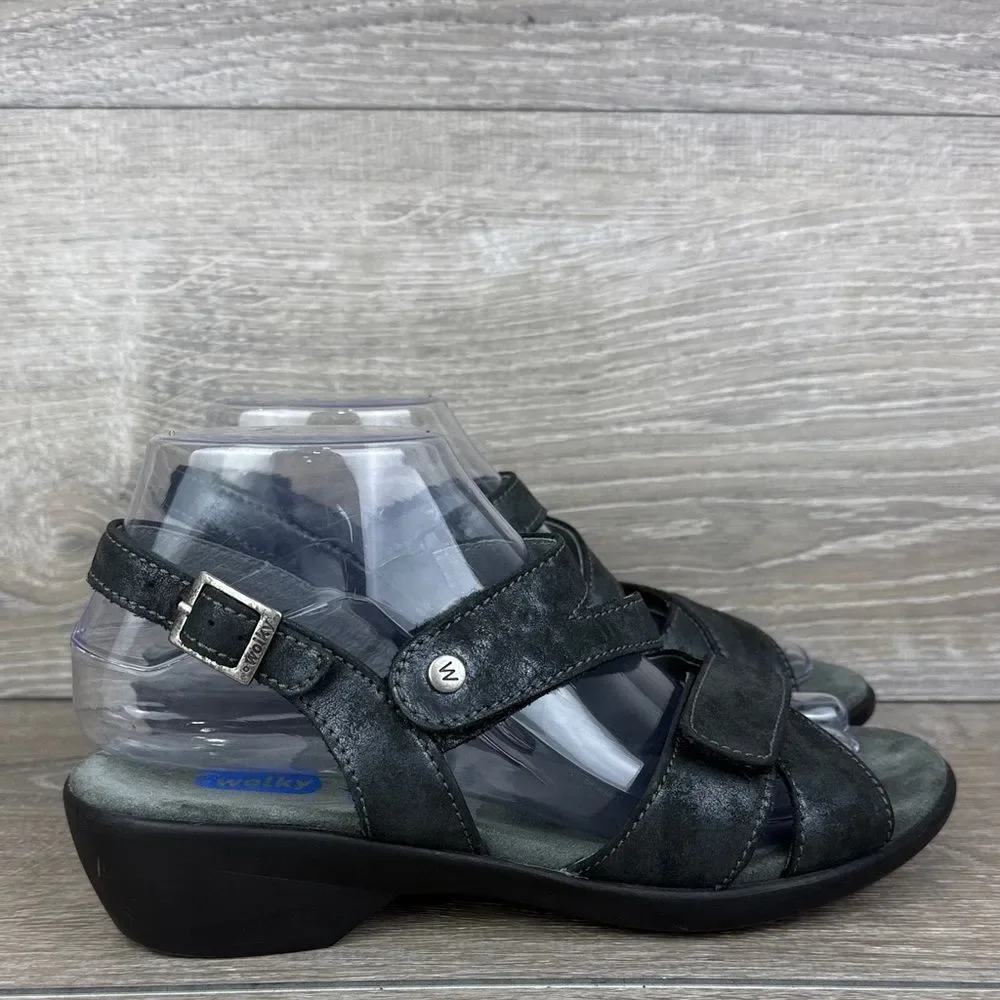Wolky Fria Women’s Sz 9/EU 39 Black Crackled Leather Slingback Hook & Loop Shoe